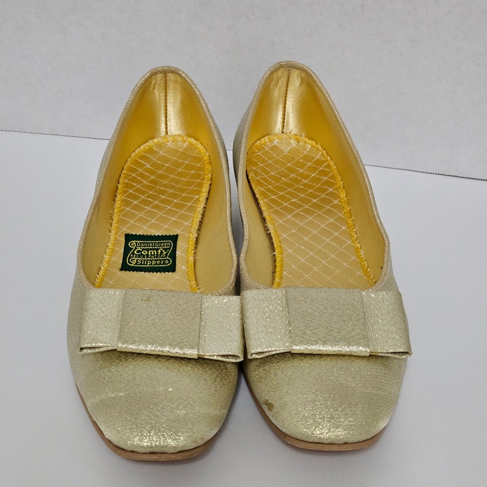 Rare VTG 60s Daniel Green‎ Gold Glitter Slippers Bow Lurex Heels US 7AA Narrow - Picture 3 of 14